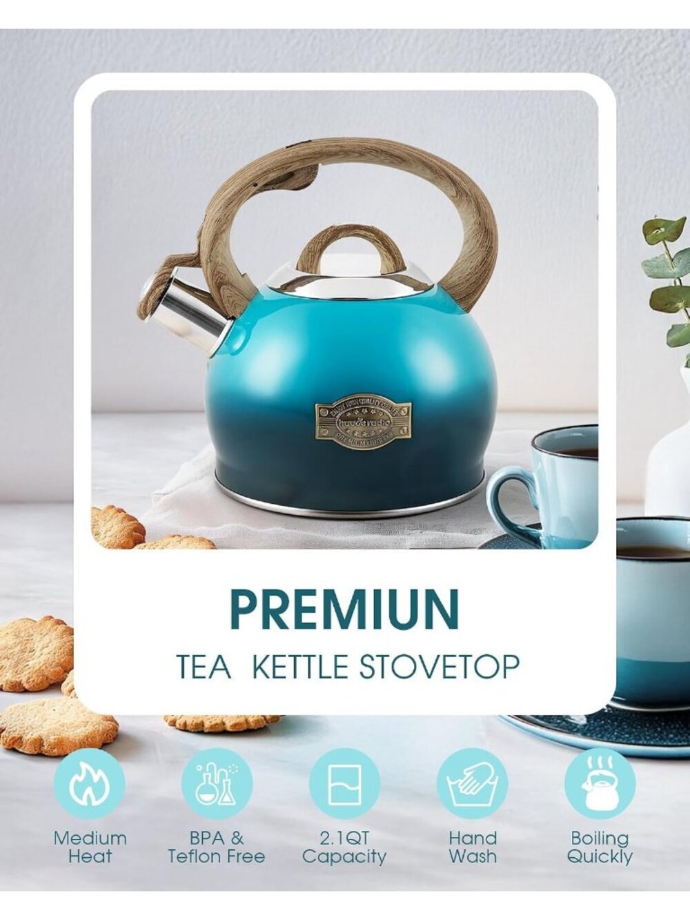 Dark Blue Whistling Tea kettle 2.1 QT Stainless Steel Stovetop with Wood Handle - Picture 2 of 6